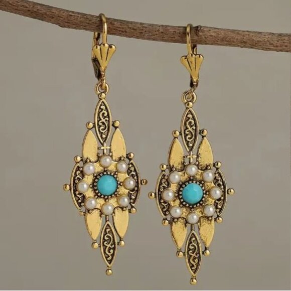 Private Label Jewelry - NEW Zelda Art Deco Gold Plated Seed Pearl Turquoise Drop Earrings